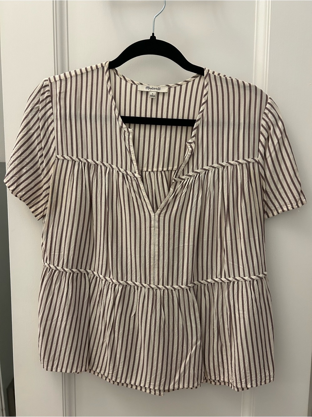 Madewell Cream Top with Burgundy Stripes Peplum Short Sleeve